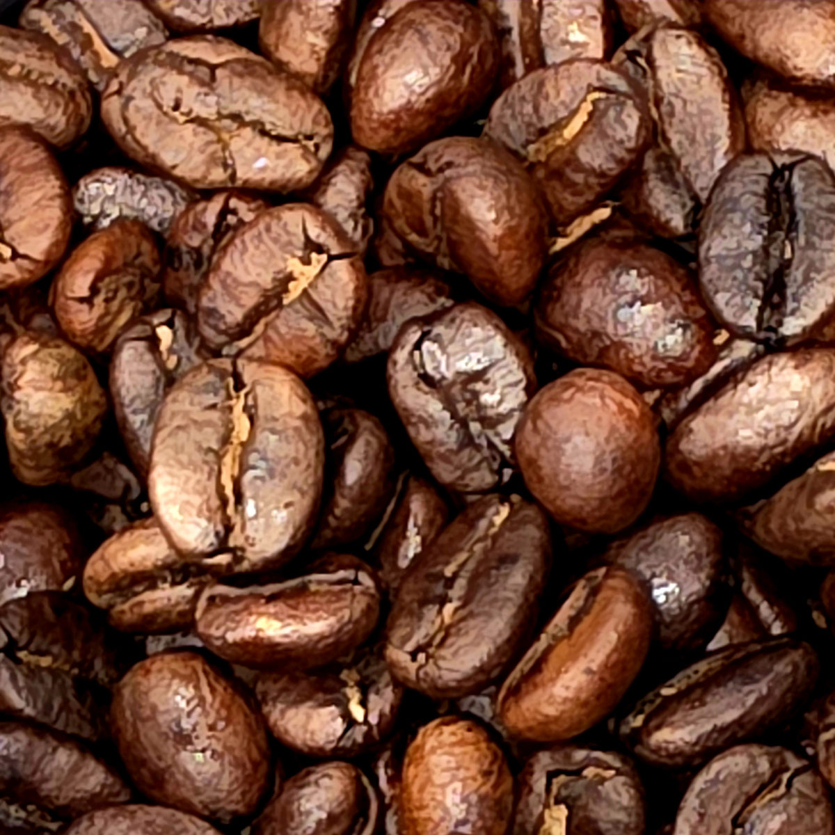 A close-up, top-down view of medium dark roasted coffee beans from a Blade & Bean SECOND PASS coffee bag filling the entire frame, showing their rich dark brown tones and characteristic crevices.