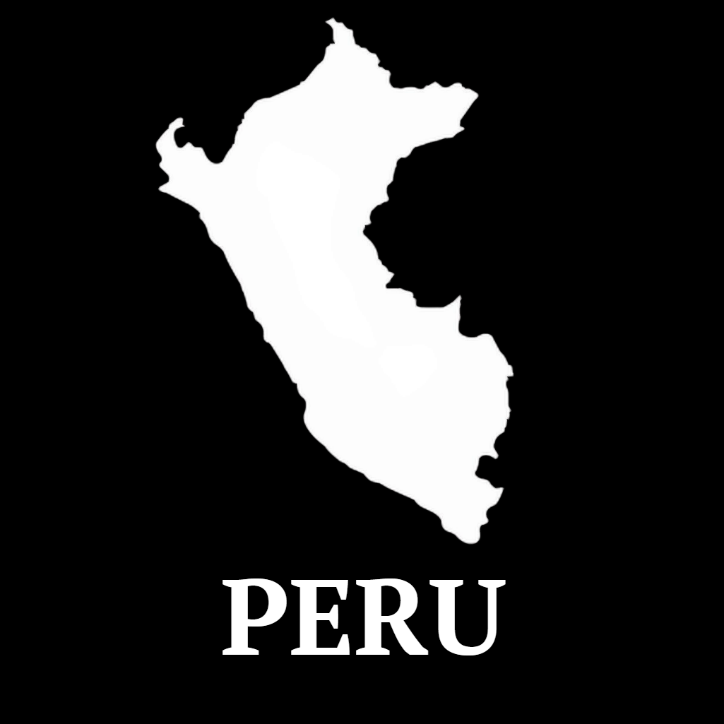 White outline of Peru on a black background with 'PERU' text.