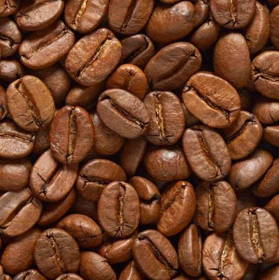 Close-up of medium roasted coffee beans from Piura & Amazonas in Peru