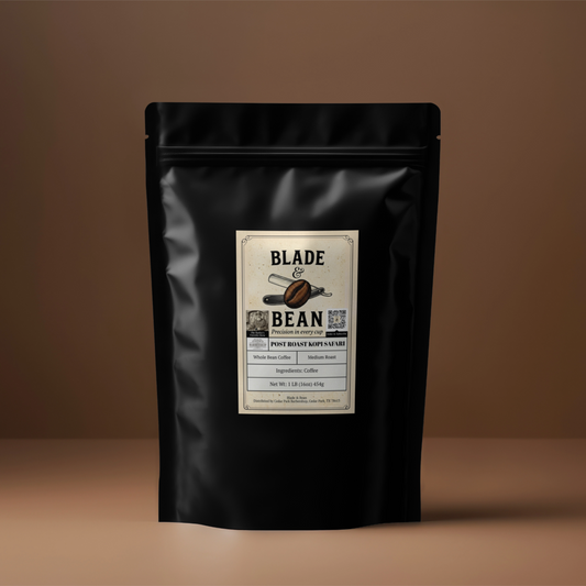Black coffee packaging with 'Blade Bean' label on a brown background