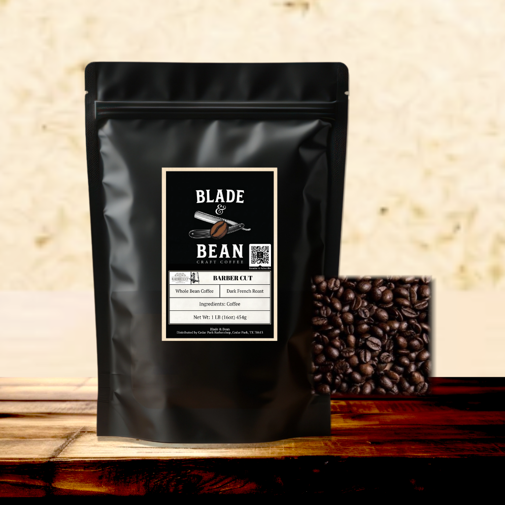 Black coffee bag with 'Blade & Bean' label on a wooden surface
