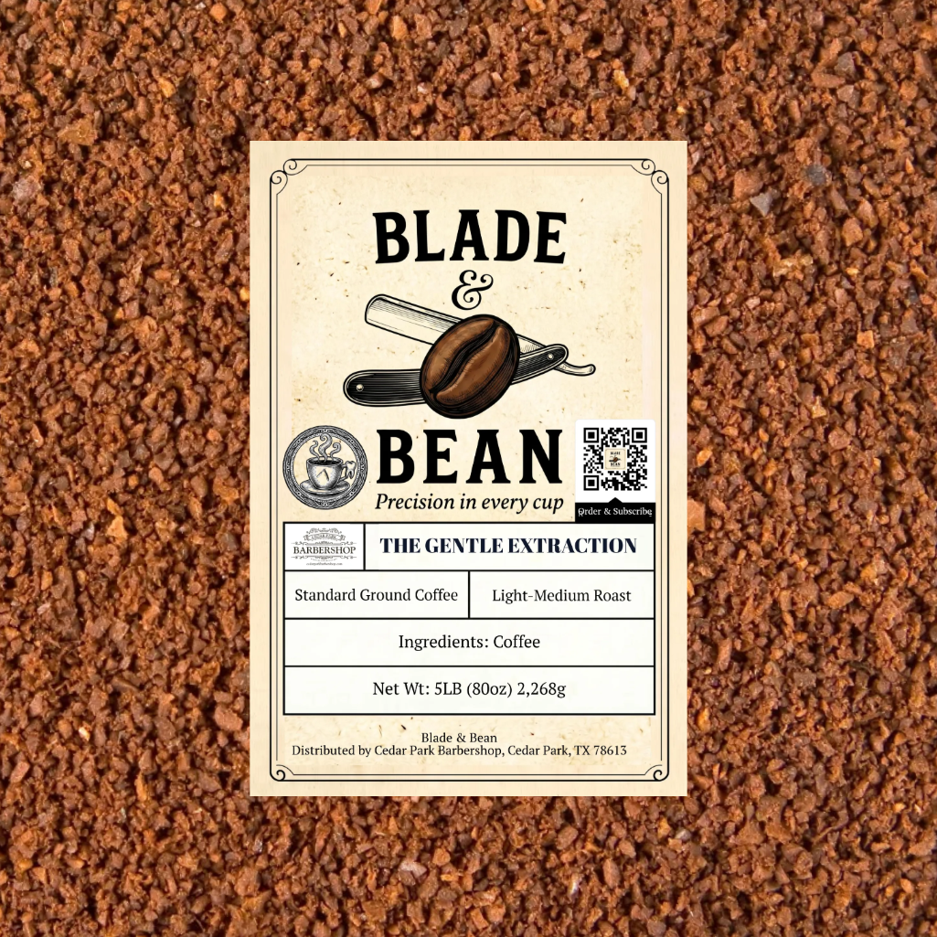 A rectangular product label for Blade & Bean coffee sits centered on a textured background of brown coffee grounds. The label reads 'BLADE & BEAN', 'The Gentle Extraction', and lists details including 'Standard Ground Coffee', 'Light Medium Roast', and 'Ingredients: Coffee'.