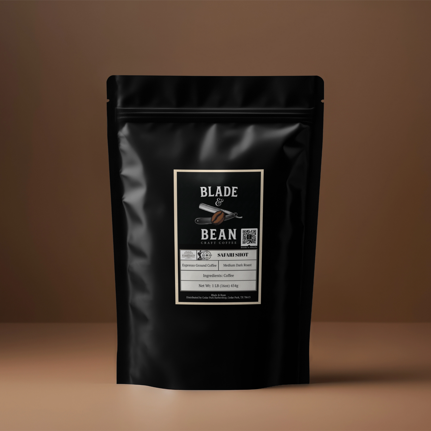 Black coffee packaging with 'Blade & Bean' label on a brown background