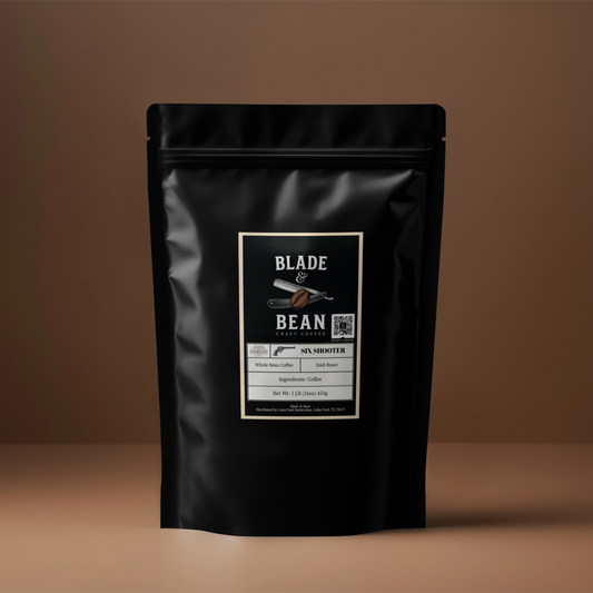 Black coffee packaging with 'Blade & Bean' label on a brown background