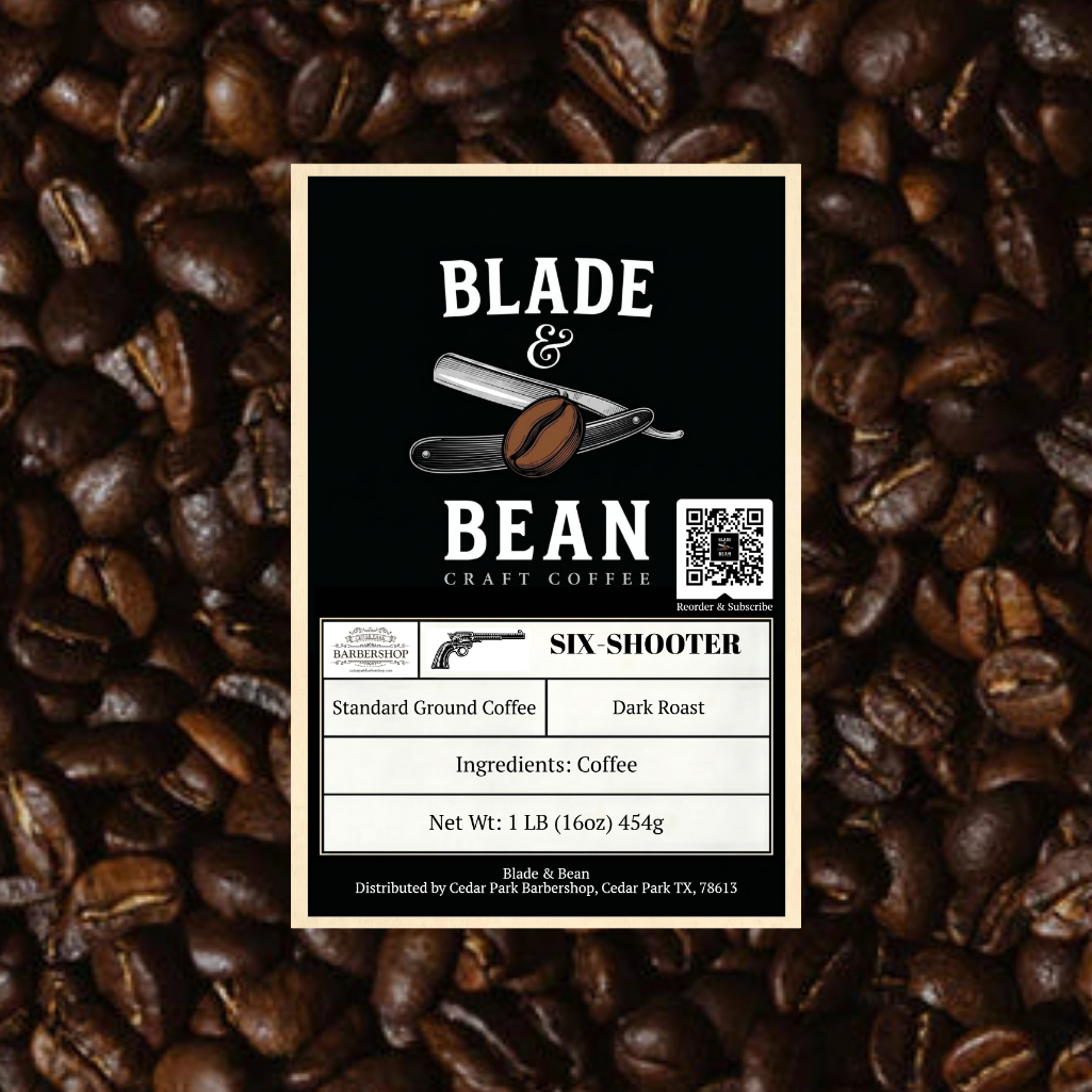 Label for Blade & Bean craft coffee on a background of coffee beans
