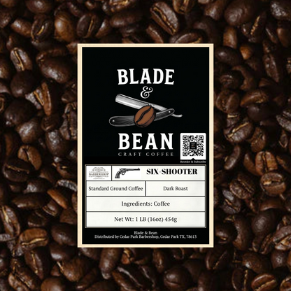 Label for Blade & Bean craft coffee on a background of coffee beans