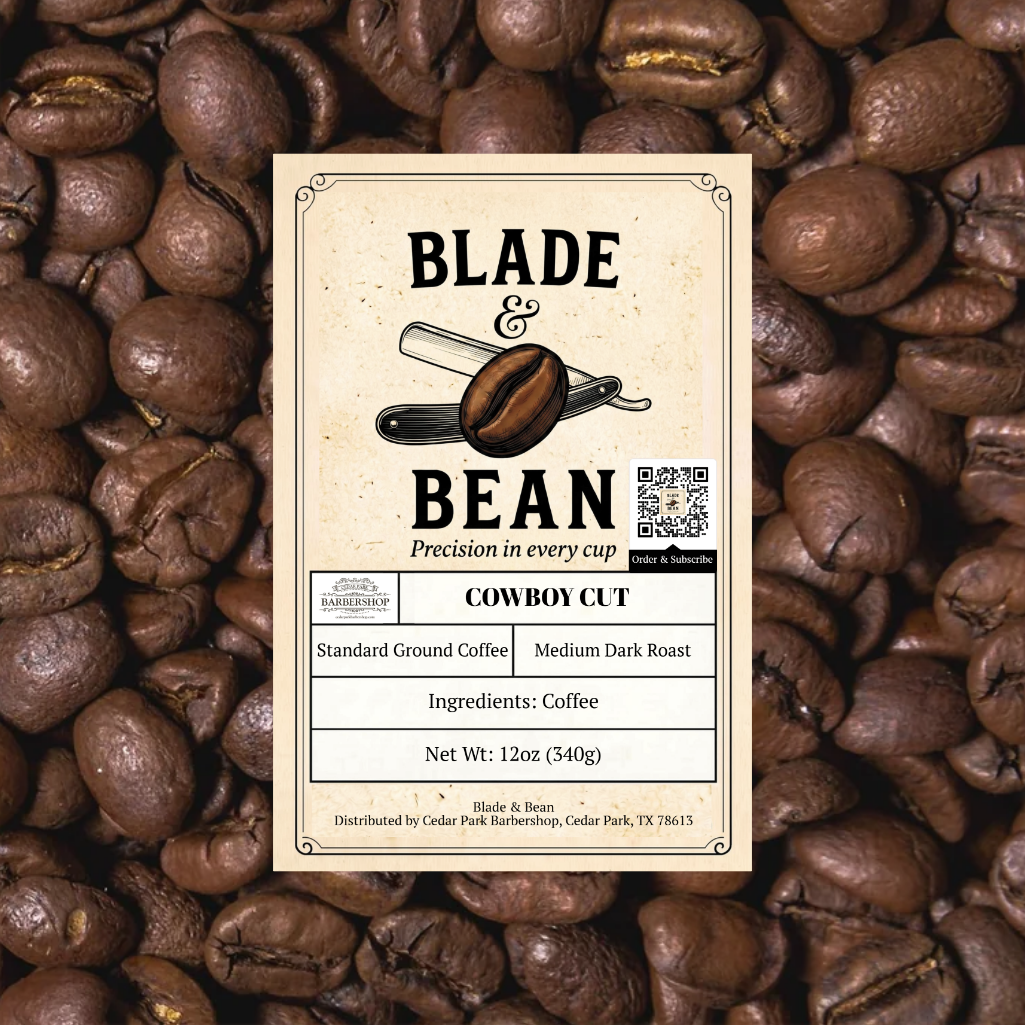 Coffee label for 'Blade & Bean' cowboy cut coffee on a background of coffee beans.