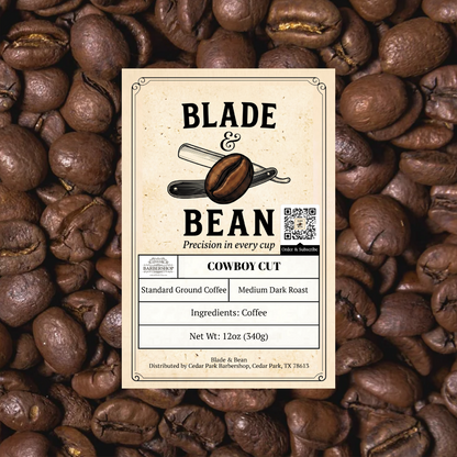 Coffee label for 'Blade & Bean' cowboy cut coffee on a background of coffee beans.