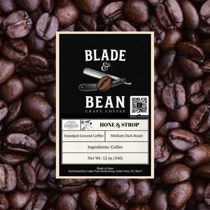 Coffee label for 'Blade & Bean' on a background of coffee beans
