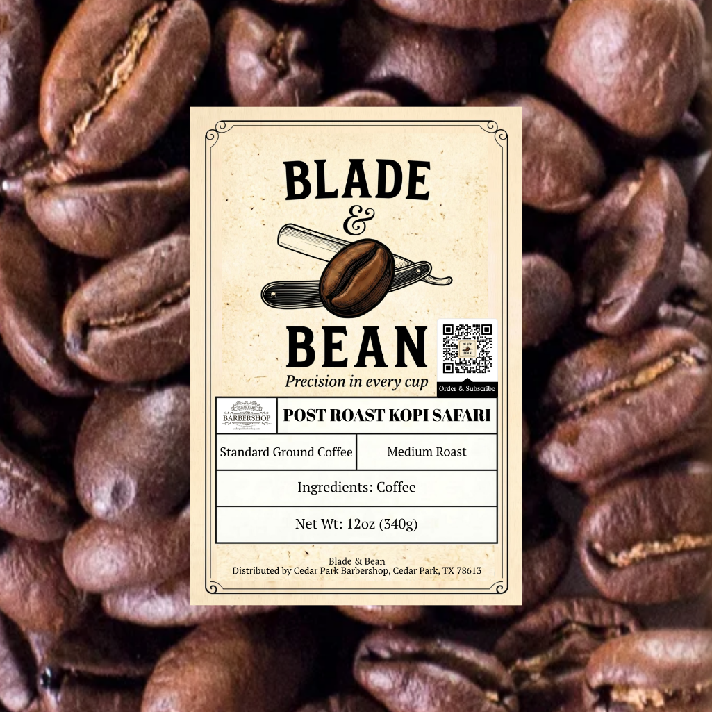Coffee label for 'Blade & Bean' coffee with coffee beans in the background