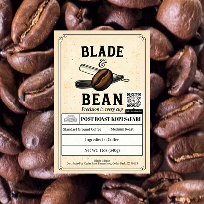 Coffee label for 'Blade & Bean' coffee with coffee beans in the background