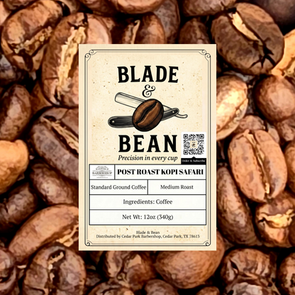 A product label for Blade & Bean Post Roast Kopi Safari coffee, set against a background of whole coffee beans. The label features a vintage-style cream design with black text and illustrations of coffee beans and a tamper.