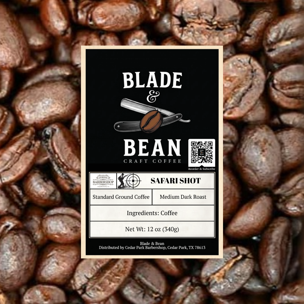 Coffee label for 'Blade & Bean' on a background of coffee beans