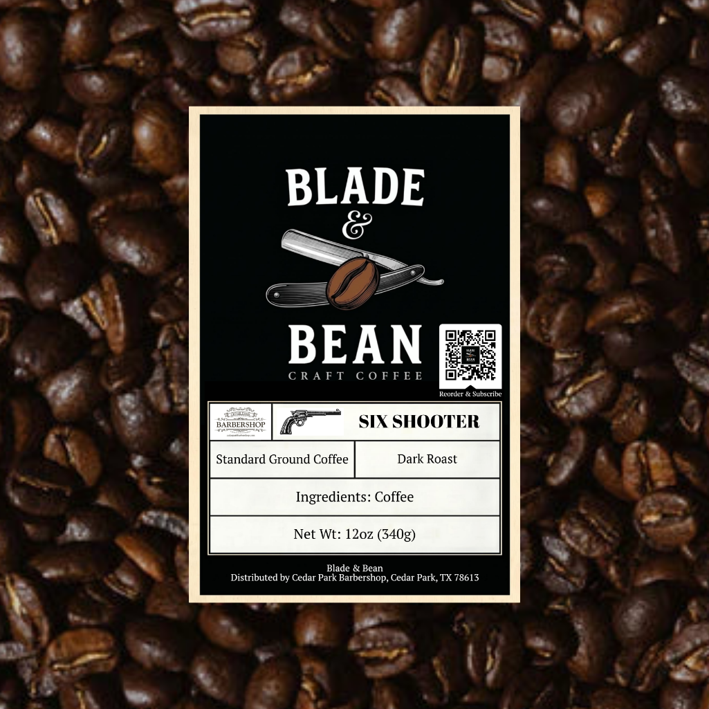 Coffee label for 'Blade & Bean' on a background of coffee beans
