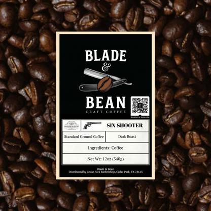 Coffee label for 'Blade & Bean' on a background of coffee beans