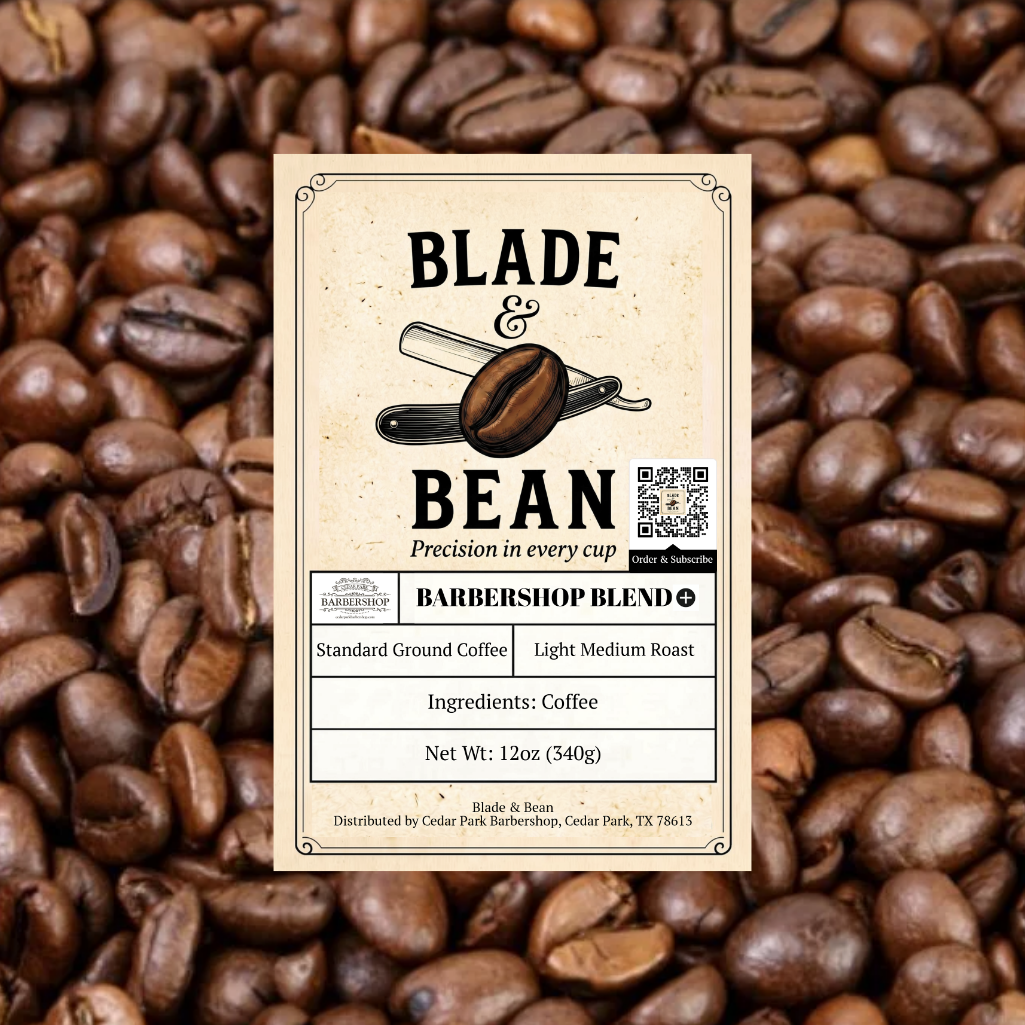 Coffee label for 'Blade & Bean' on a background of coffee beans