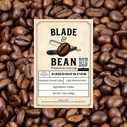 Coffee label for 'Blade & Bean' on a background of coffee beans