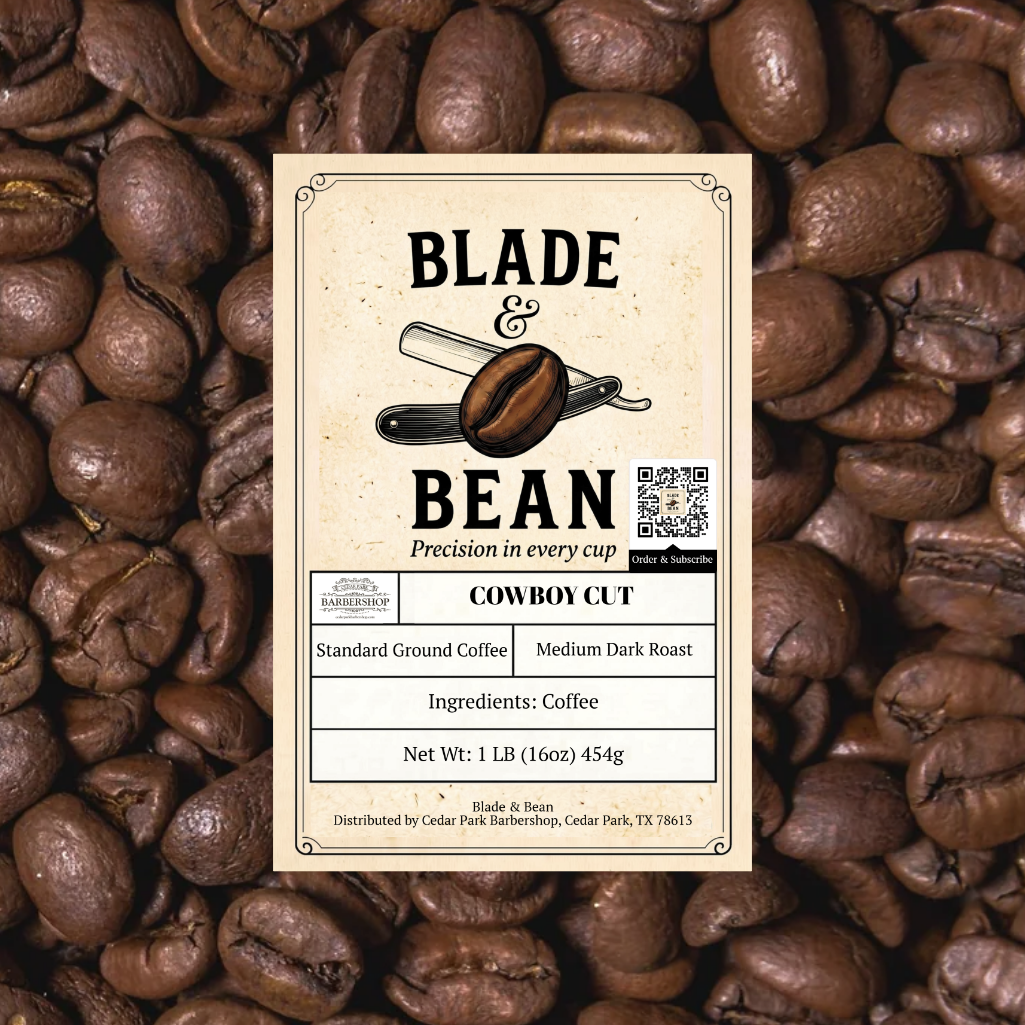 Coffee bean label for 'Blade & Bean' on a background of coffee beans
