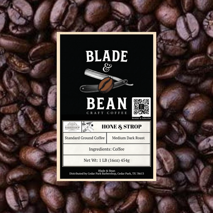 Coffee label for Blade & Bean craft coffee on a background of roasted coffee beans
