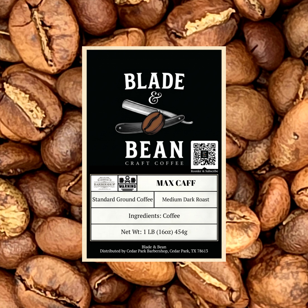 A centered coffee product label reading BLADE & BEAN CRAFT COFFEE and MAX CAFF, placed over a background filled with roasted coffee beans. The label is black with white text and a small coffee bean graphic.