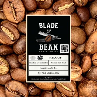 A centered coffee product label reading BLADE & BEAN CRAFT COFFEE and MAX CAFF, placed over a background filled with roasted coffee beans. The label is black with white text and a small coffee bean graphic.