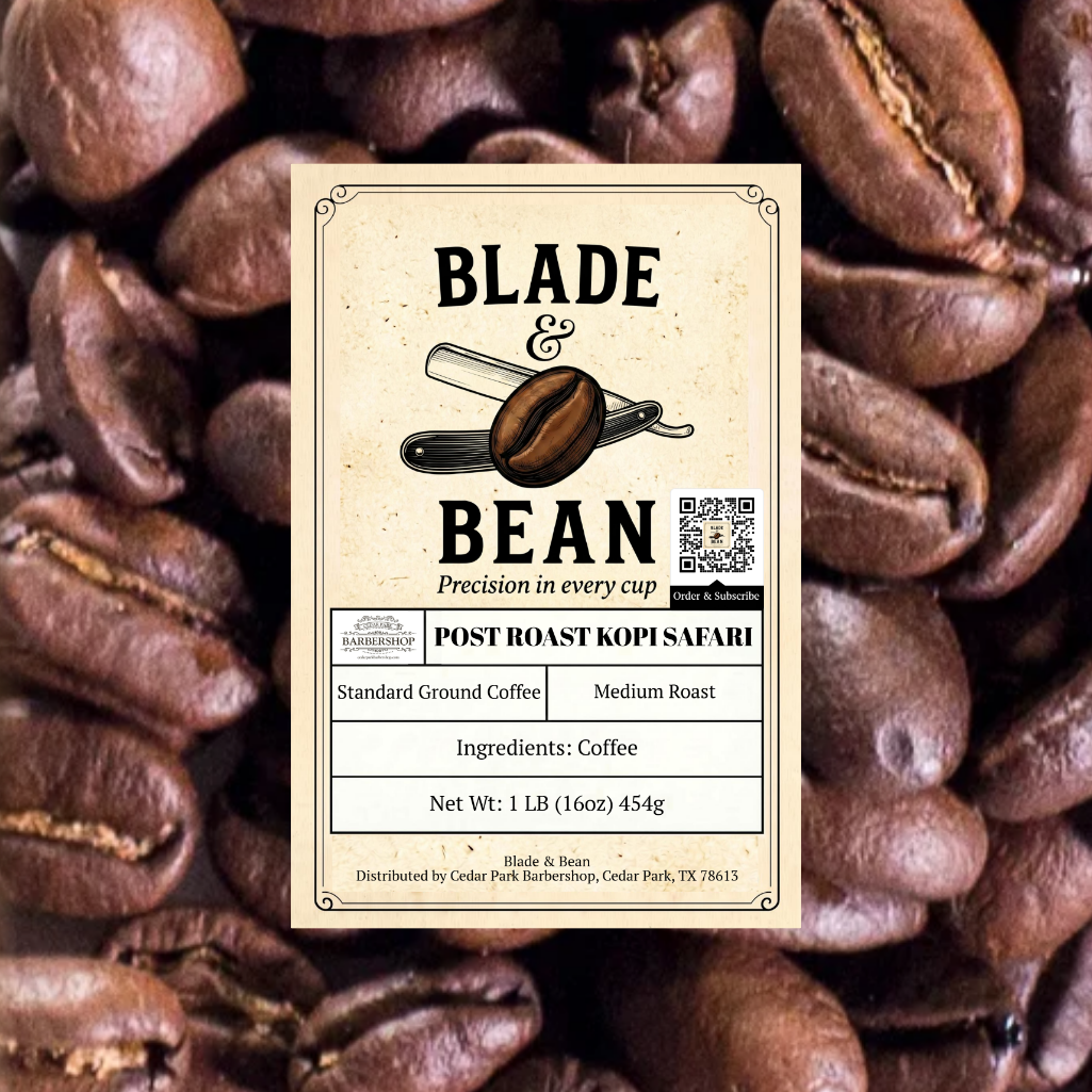 Blade & Bean coffee label on a background of coffee beans
