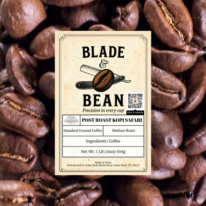 Blade & Bean coffee label on a background of coffee beans