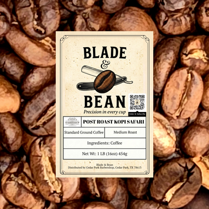 A rectangular coffee label centered over a background of roasted coffee beans. The label reads BLADE & BEAN, Post Roast Kopi Safari, Standard Ground Coffee, Medium Roast, with a QR code and small company logo.