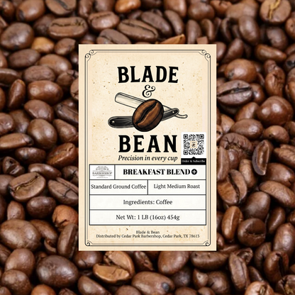 Coffee label for 'Blade & Bean Breakfast Blend' on a background of coffee beans