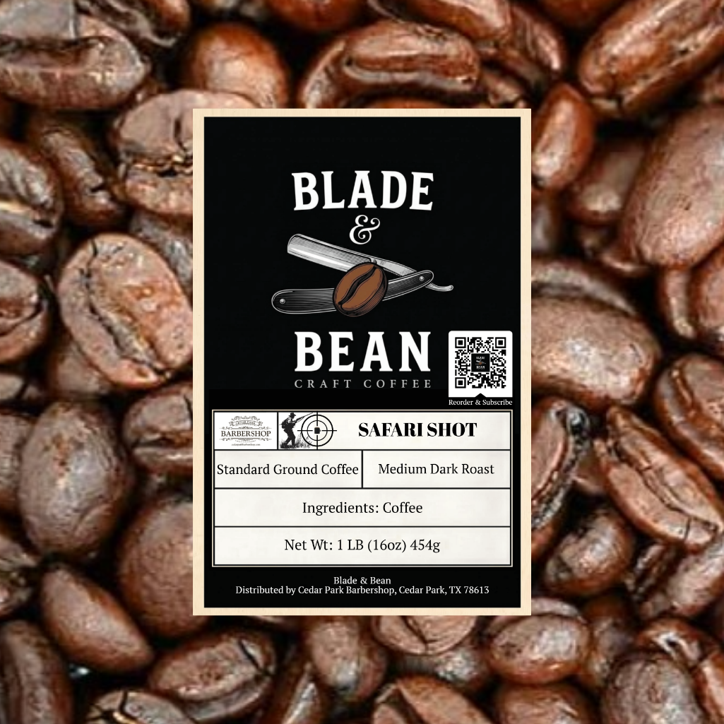 Coffee label for 'Blade & Bean' craft coffee on a background of coffee beans