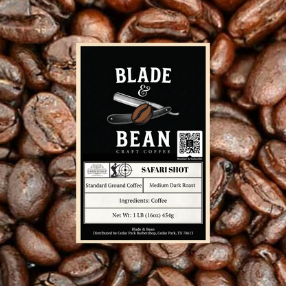 Coffee label for 'Blade & Bean' craft coffee on a background of coffee beans