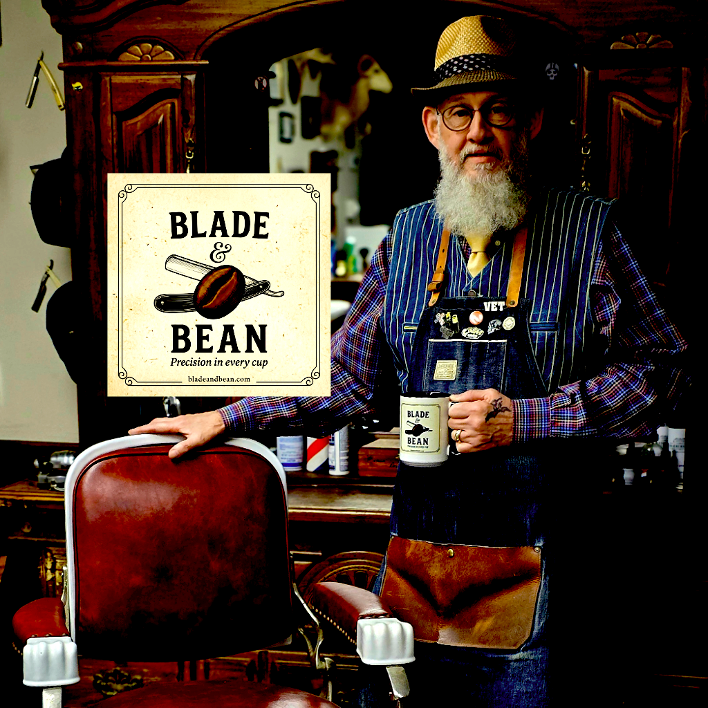 Man in a barbershop with 'Blade & Bean' sign and products.