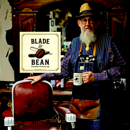 Man in a barbershop with 'Blade & Bean' sign and products.