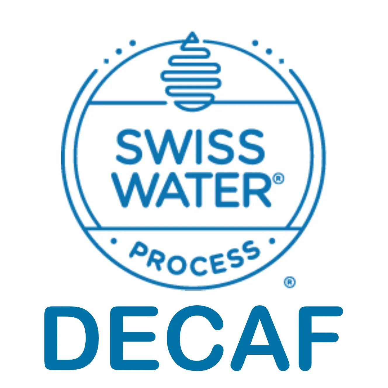 Swiss Water Decaf logo with blue text on a white background