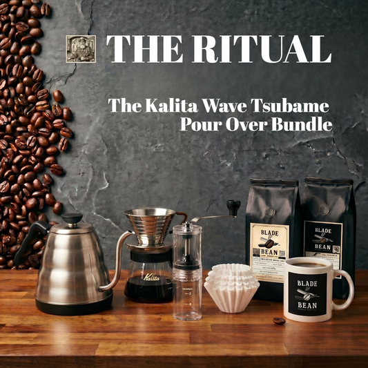 Coffee-making setup with Kalita Wave Tsubame and Blade & Bean coffee on a wooden surface.