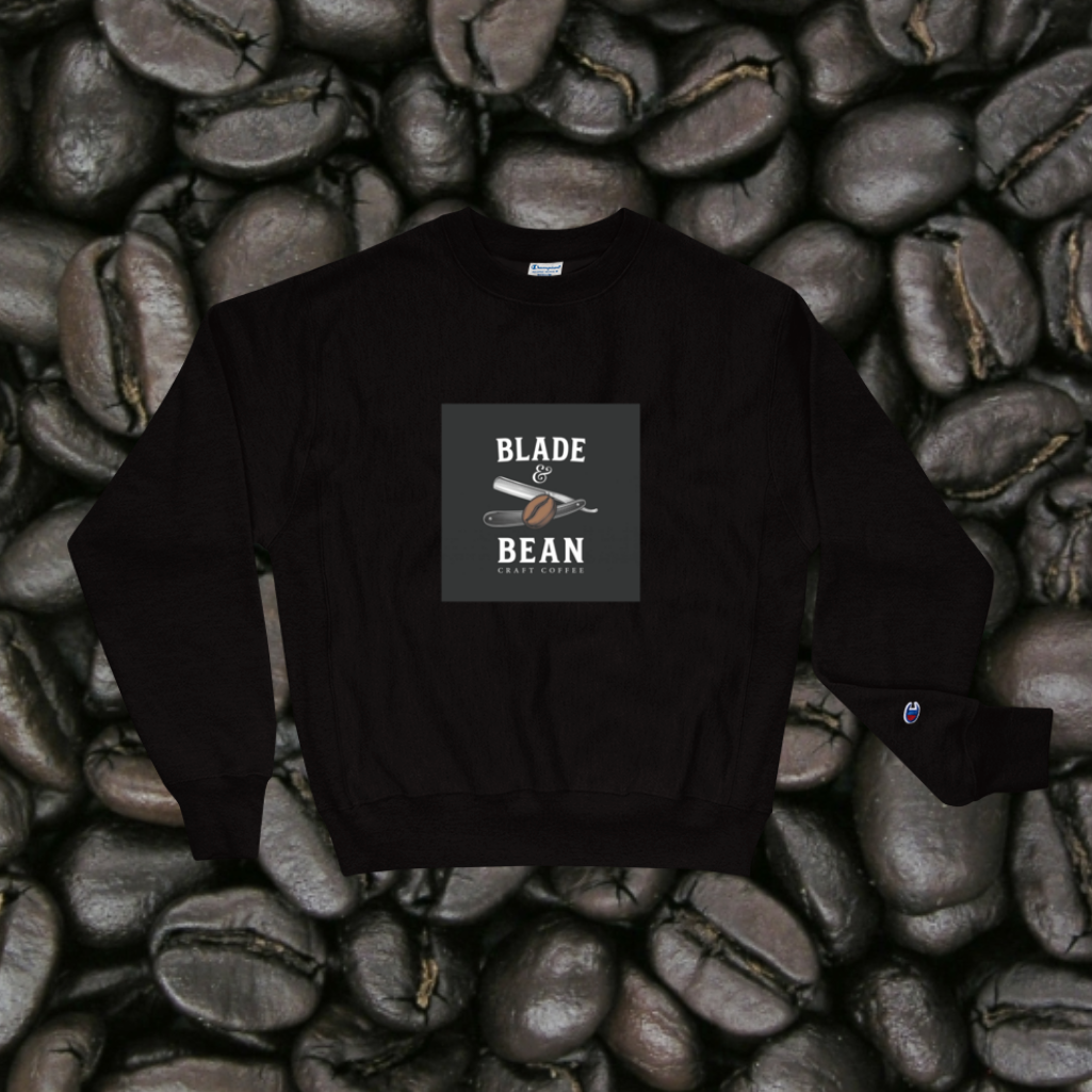 Black sweatshirt with 'Blade & Bean' logo on a background of coffee beans