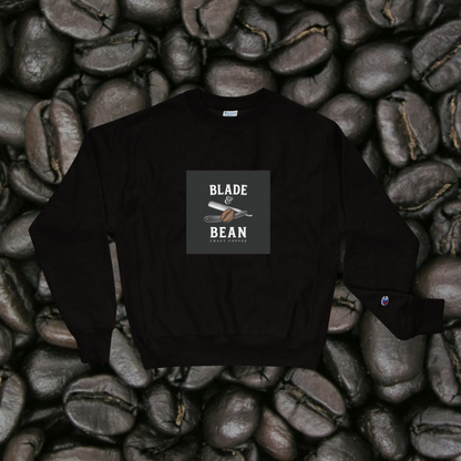 Black sweatshirt with 'Blade & Bean' logo on a background of coffee beans