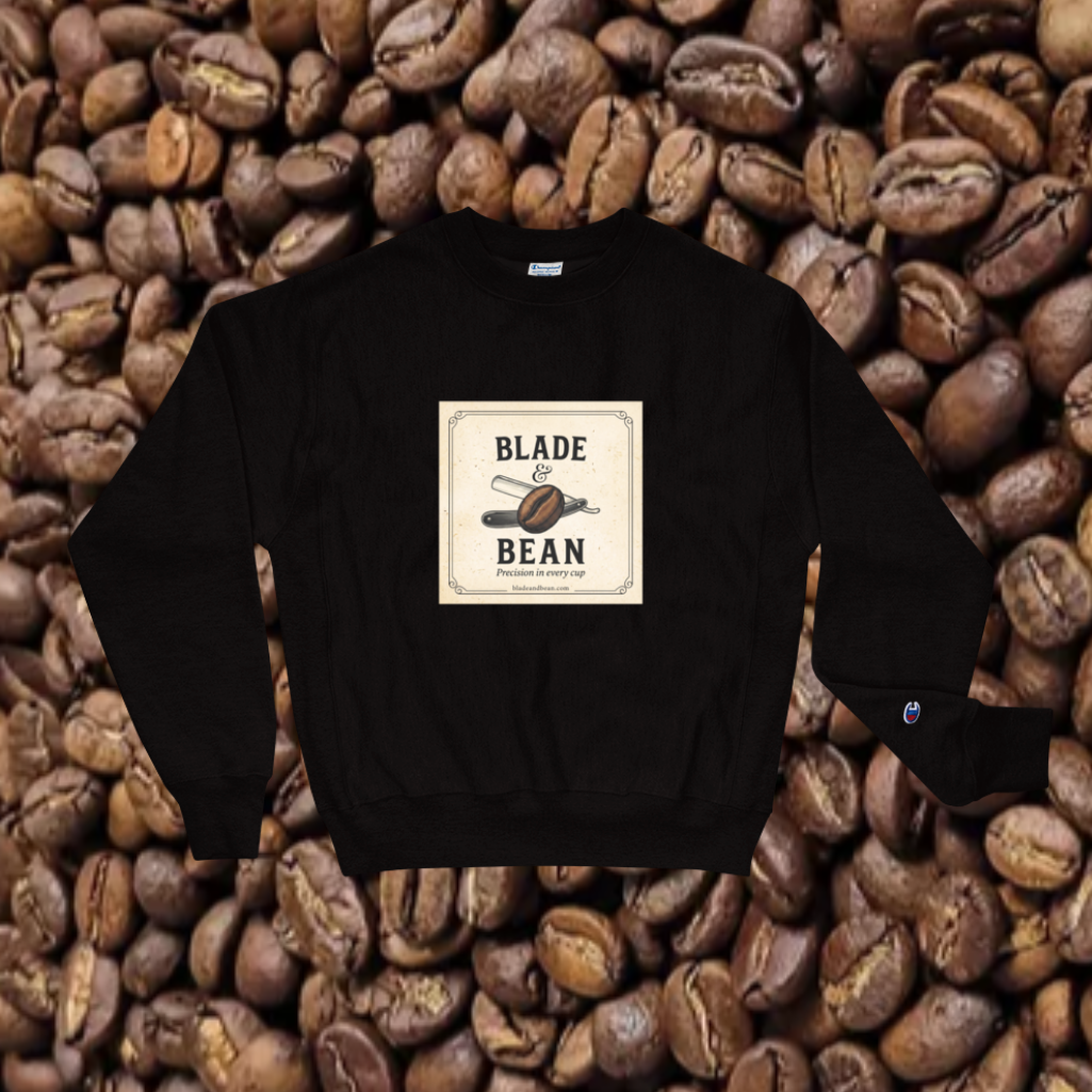 Black sweatshirt with 'Blade and Bean' logo on a background of coffee beans