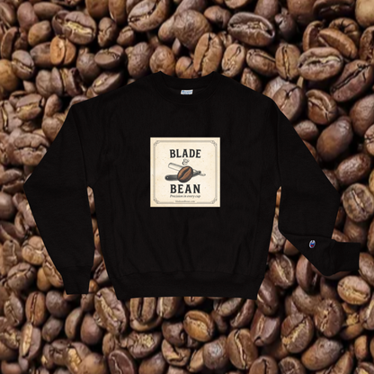 Black sweatshirt with 'Blade and Bean' logo on a background of coffee beans