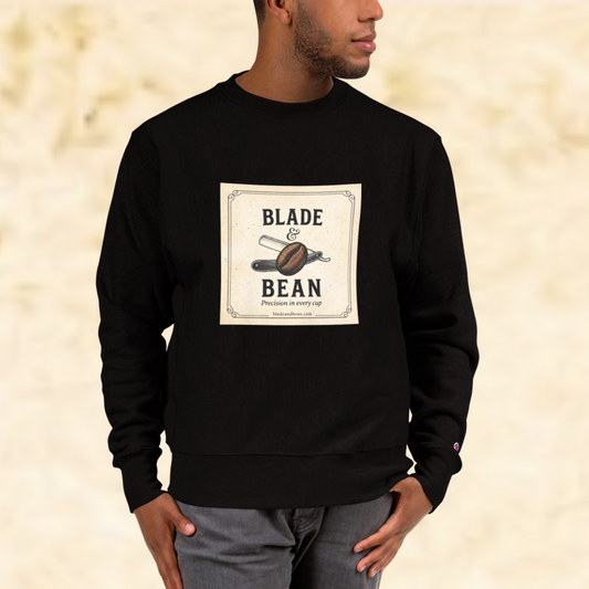 Black sweatshirt with 'Blade & Bean' graphic on a beige background