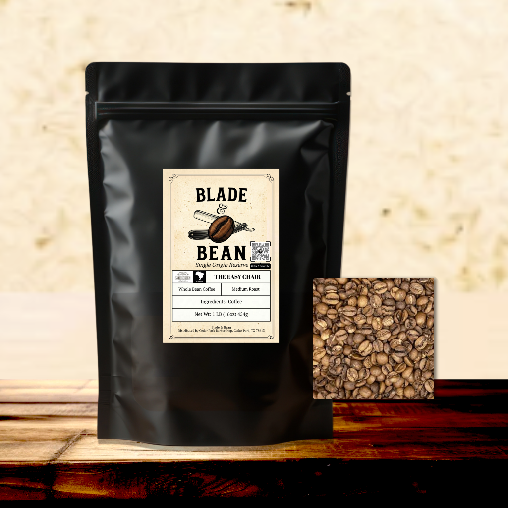 Black coffee packaging with 'Blade Bean' label on a wooden surface