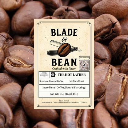 Blade & Bean coffee label on a background of roasted coffee beans
