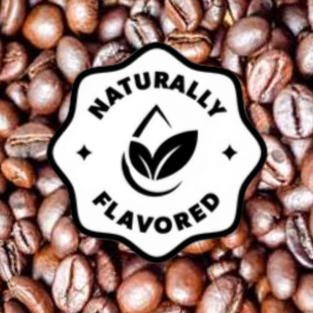 Medium roasted specialty grade Brazilian coffee beans with a 'Naturally Flavored' label in the center