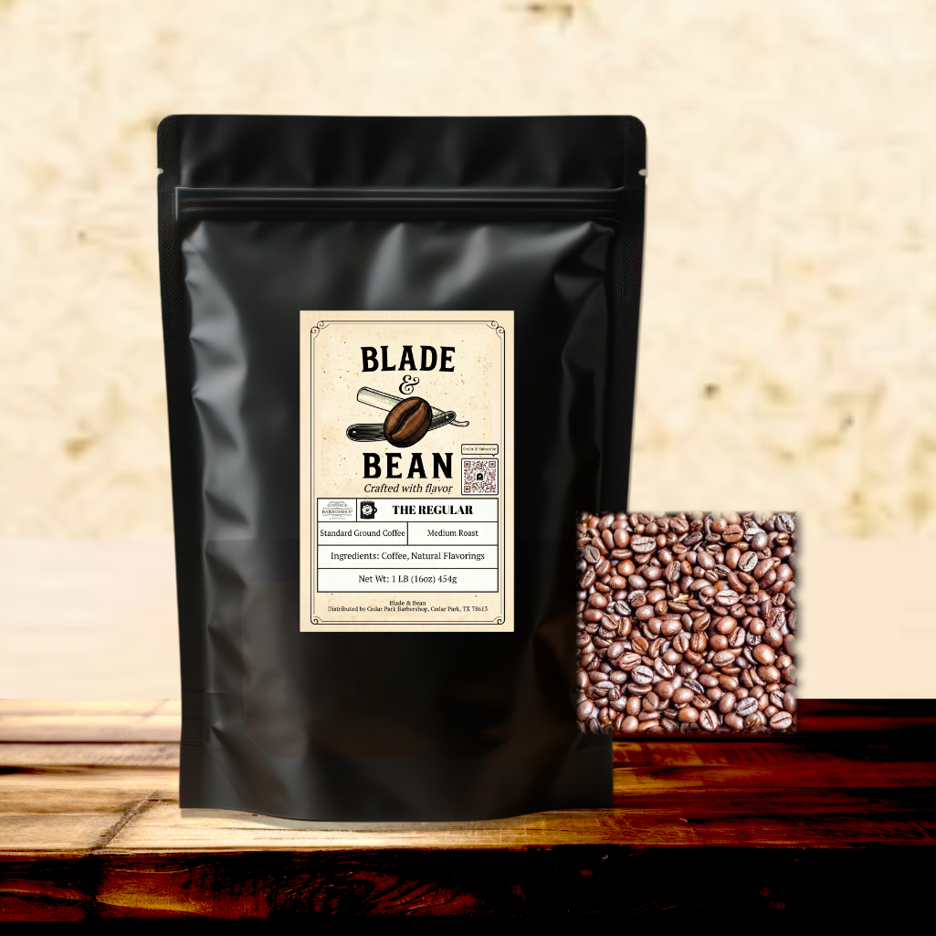 Black coffee bag with 'Blade Bean' label on a wooden surface