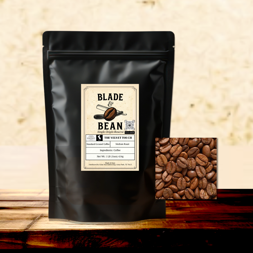 Black coffee bag with 'Blade Bean' label and coffee beans on a wooden surface