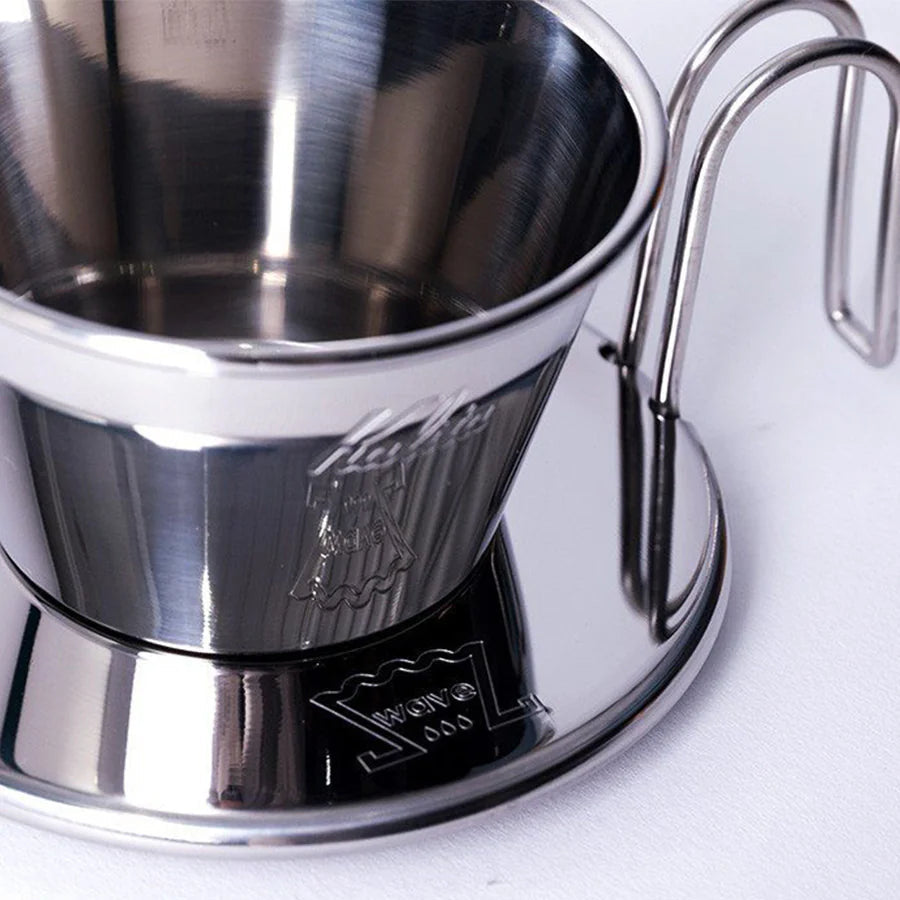 Stainless steel Kalita Wave Ts8bami cup with handle on a white background
