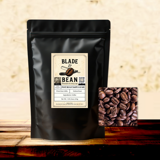 Black coffee bag with 'Blade Bean' label and coffee beans on a wooden surface