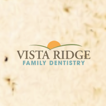 Vista Ridge Family Dentistry logo centered on a textured beige background, featuring dark gray text, a green leaf-like arch, and an orange sun.