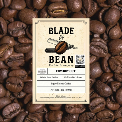 Coffee bean label for 'Blade & Bean' cowboy cut coffee on a background of coffee beans.