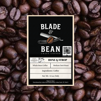 Coffee label for Blade & Bean craft coffee on a background of coffee beans